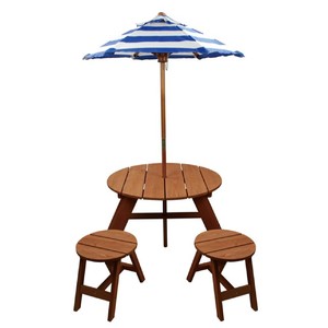 Wood Round Table w/ Umbrella and 2 Chairs