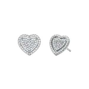 Premium Sterling Silver Pave Heart Stud Earrings, Silver
