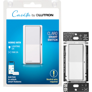 Lutron - Claro Smart Switch for CasÃ©ta, On/Off Control of Lights/Fans, 5-Amp/Neutral Wire Required - White