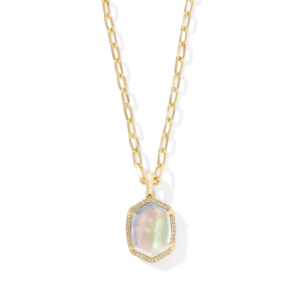 Kendra Scott Daphne Gold Pave Frame Short Pendant Necklace in Iridescent Ivory Illusion